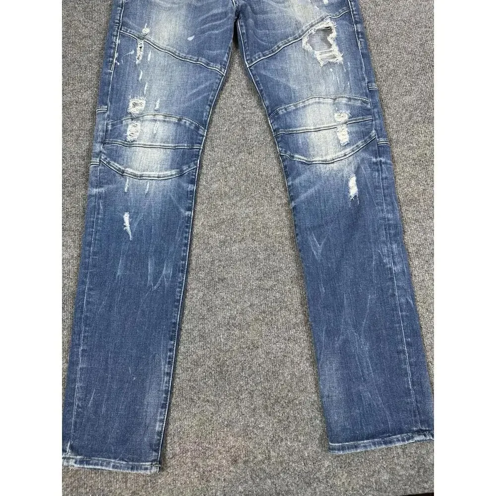 Mens TRUE RELIGION Geno Relaxed BIKER‎ Slim MOTO 30 x 31.5 Blue DISTRESSED Jeans